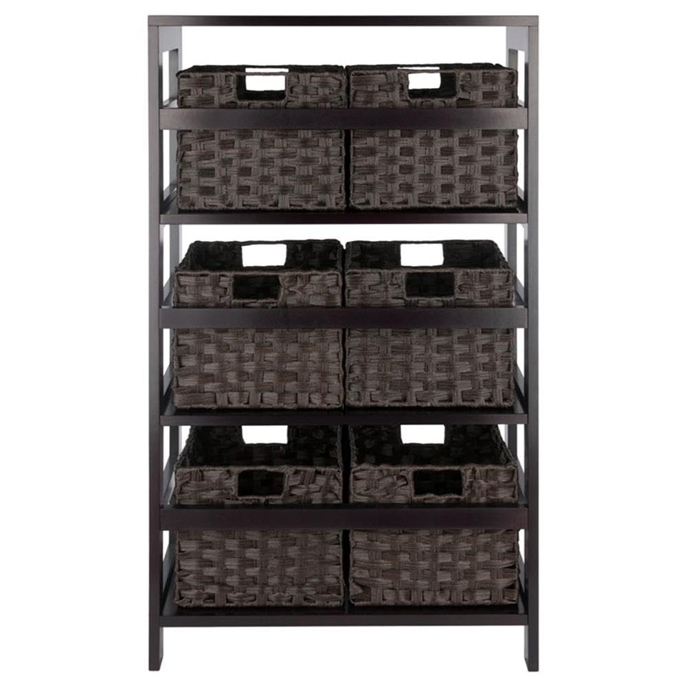 Winsome Leo 3-Tier Wide Storage Shelf with 6 Foldable Woven Baskets, for Living Room, Home Office, Bedroom, Espresso - Image 4
