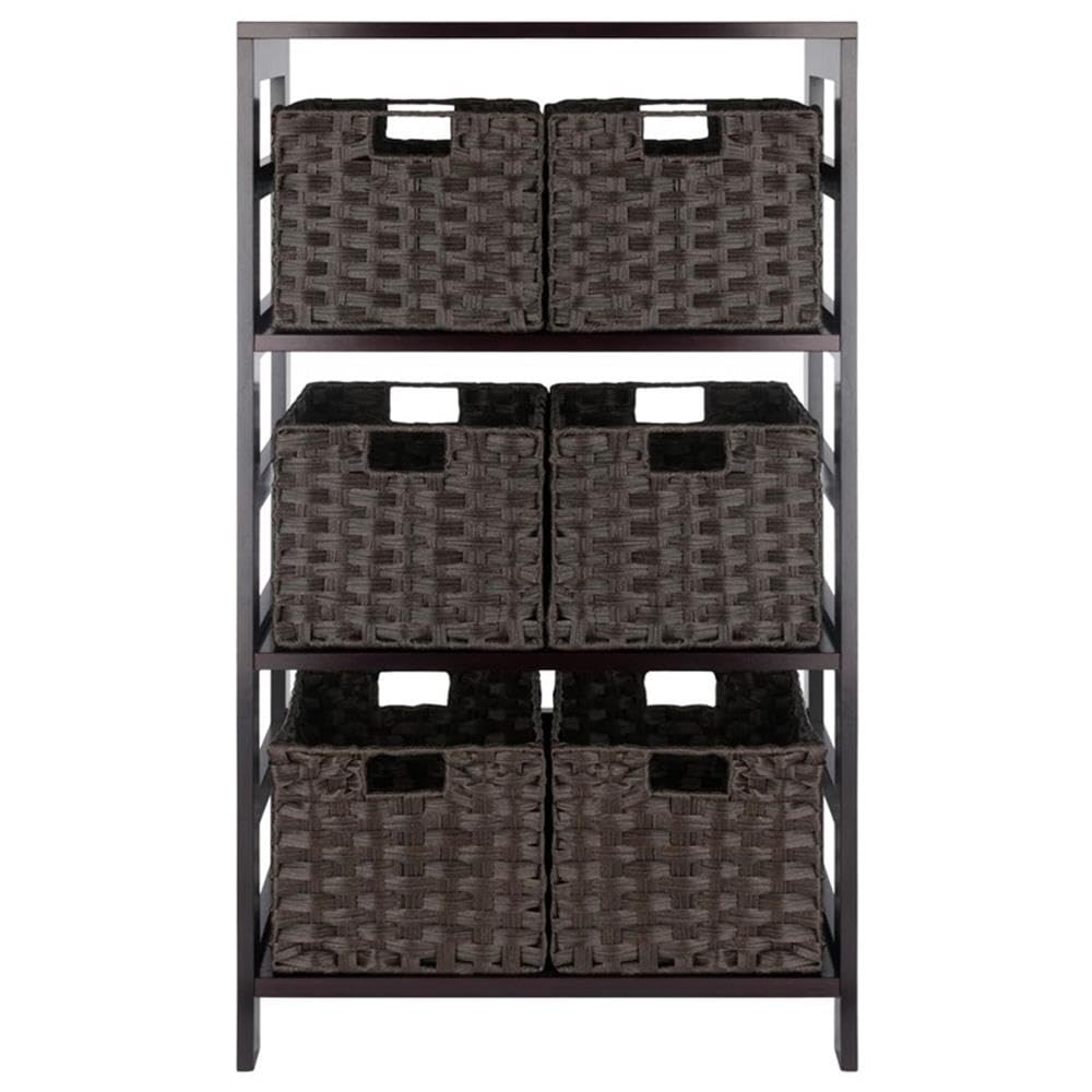 Winsome Leo 3-Tier Wide Storage Shelf with 6 Foldable Woven Baskets, for Living Room, Home Office, Bedroom, Espresso - Image 5