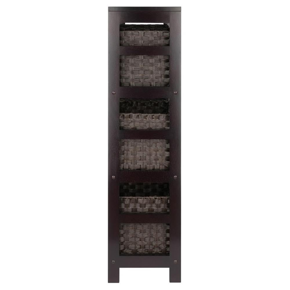 Winsome Leo 3-Tier Wide Storage Shelf with 6 Foldable Woven Baskets, for Living Room, Home Office, Bedroom, Espresso - Image 6