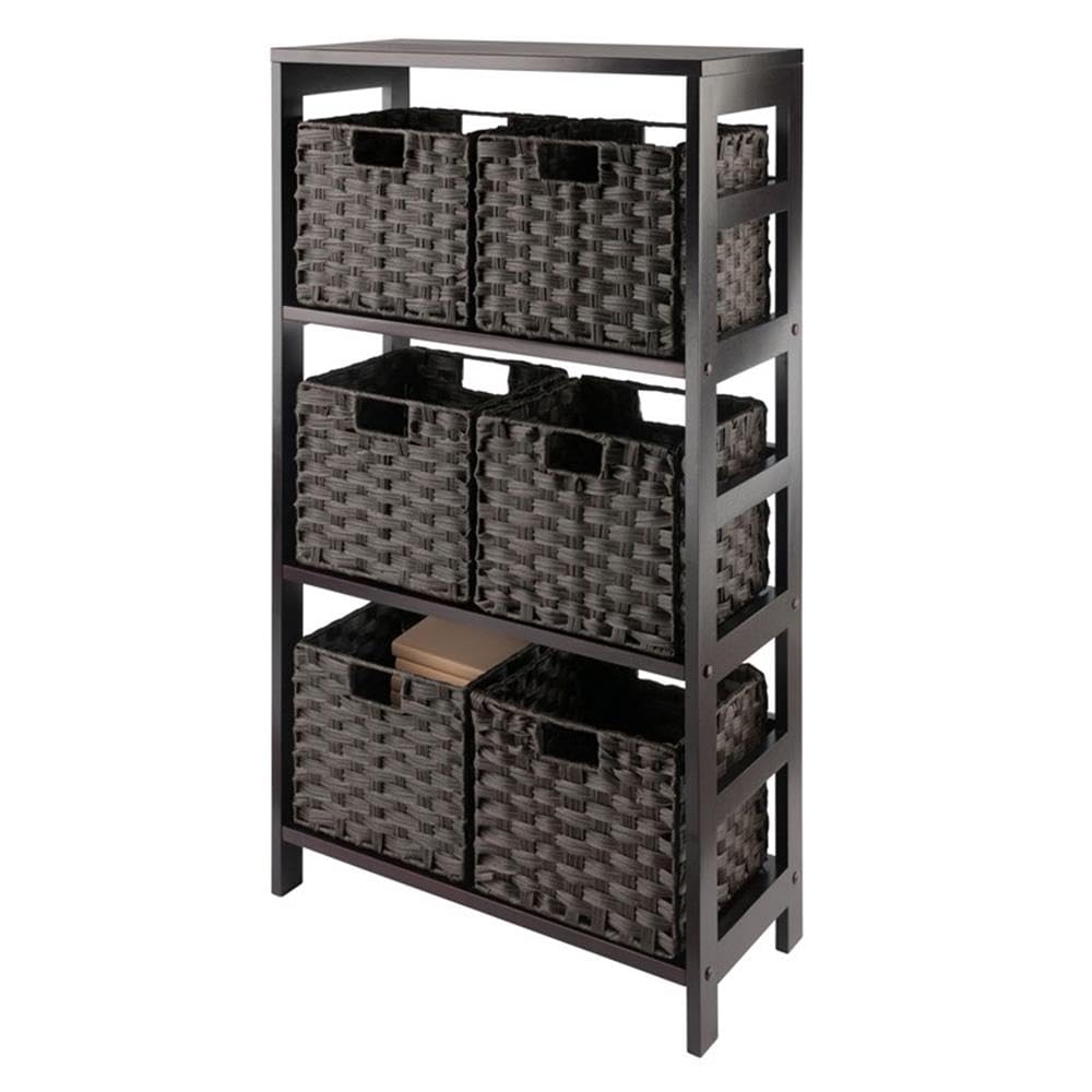 Winsome Leo 3-Tier Wide Storage Shelf with 6 Foldable Woven Baskets, for Living Room, Home Office, Bedroom, Espresso - Image 7