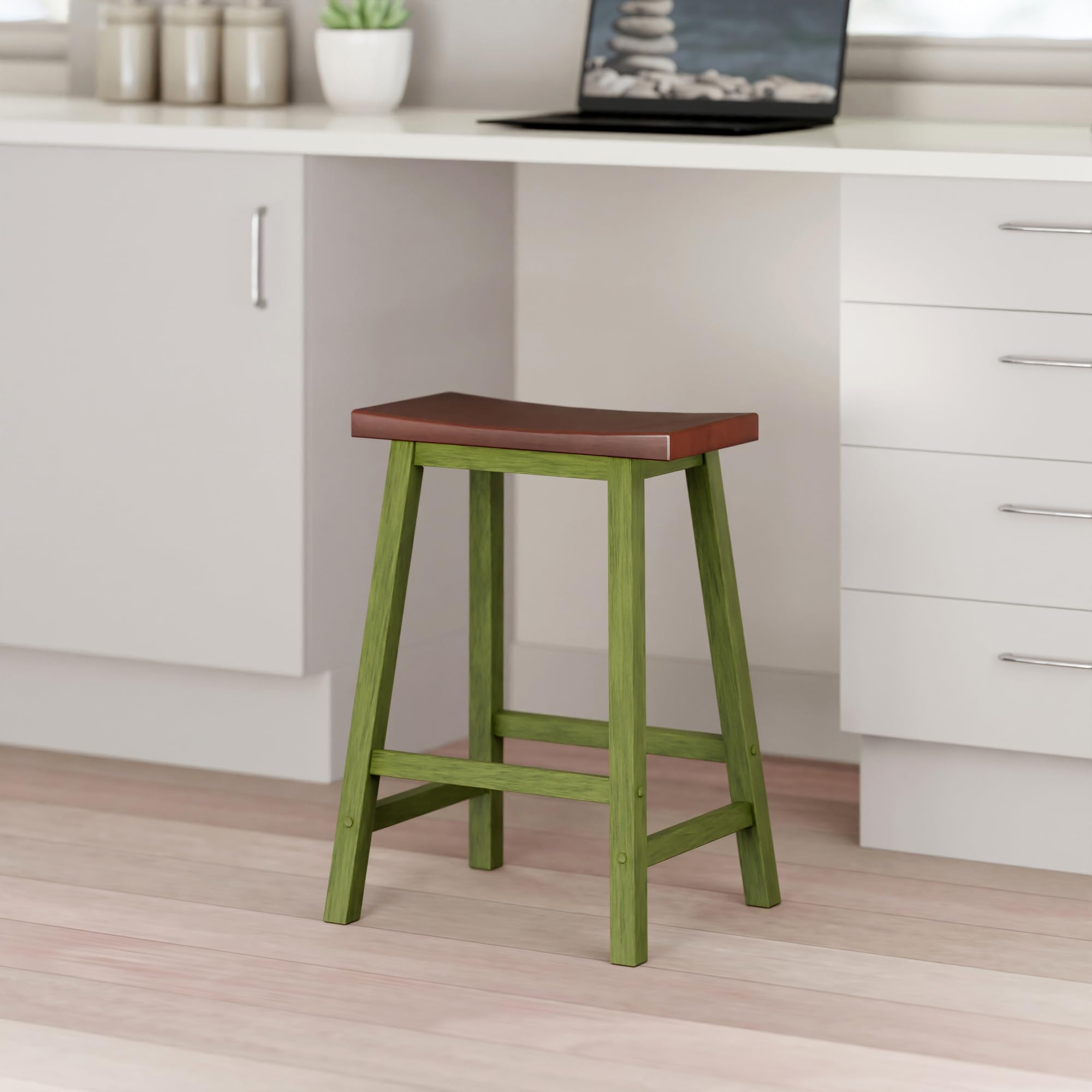 Winsome Satori Saddle Seat 24In Counter Stool Rustic Green and Walnut Finish - Image 10