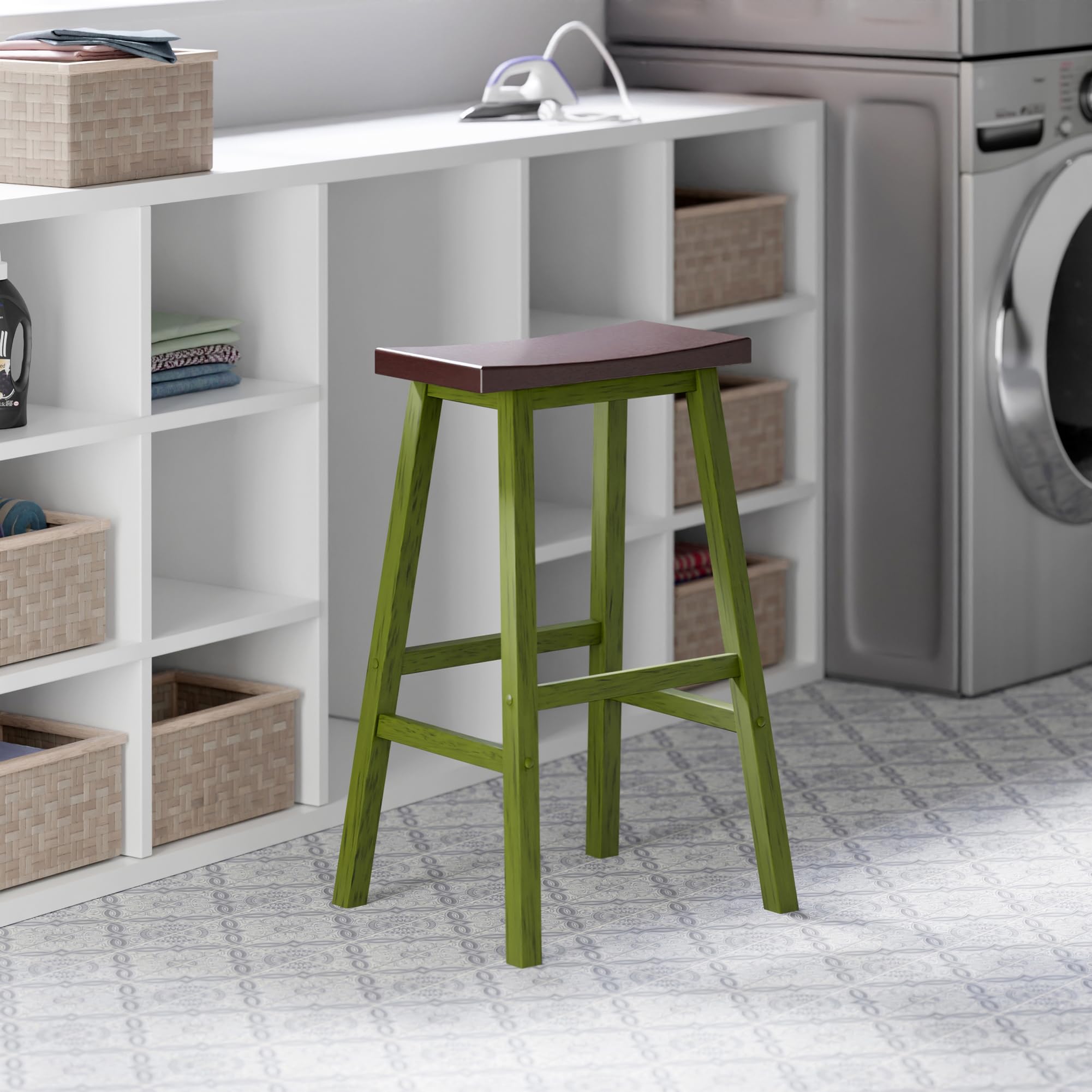 Winsome Satori Saddle Seat 29In Bar Stool, Rustic Green and Walnut Finish - Image 10