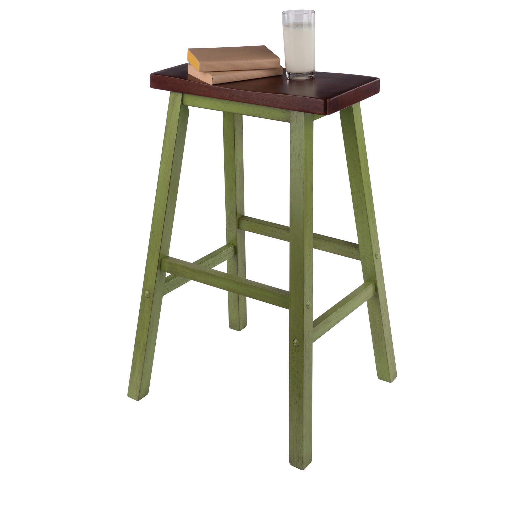 Winsome Satori Saddle Seat 29In Bar Stool, Rustic Green and Walnut Finish - Image 8