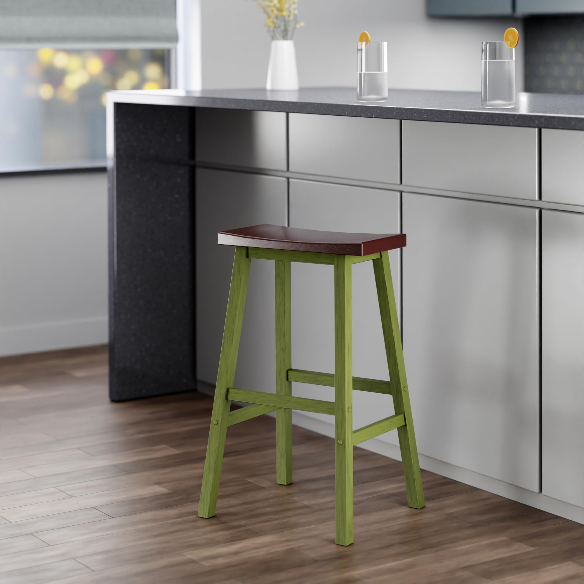 Winsome Satori Saddle Seat 29In Bar Stool, Rustic Green and Walnut Finish - Image 9