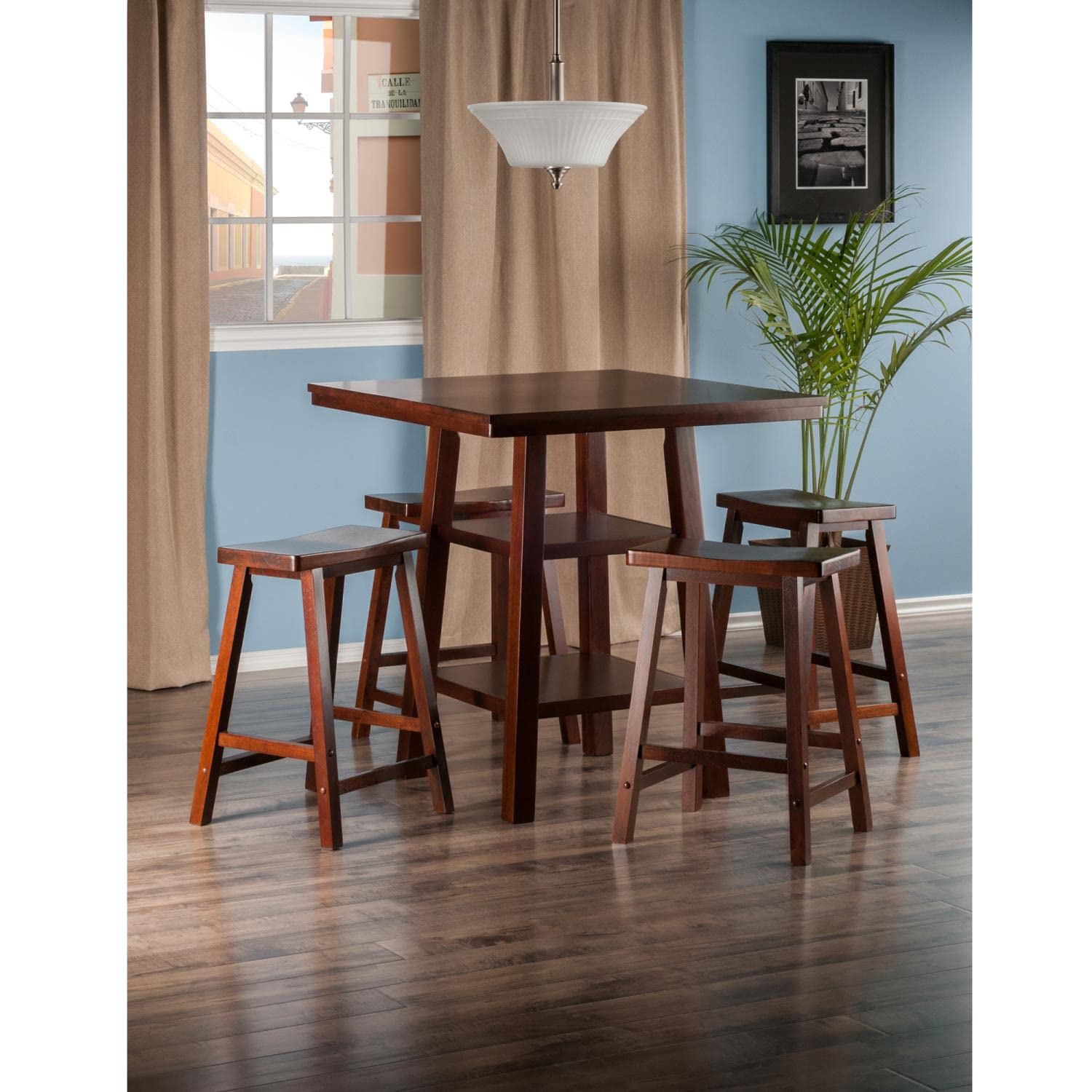 Winsome Wood Orlando 5-Pc Set High Table, 2 Shelves w/ 4 Saddle Seat Stools - Image 3