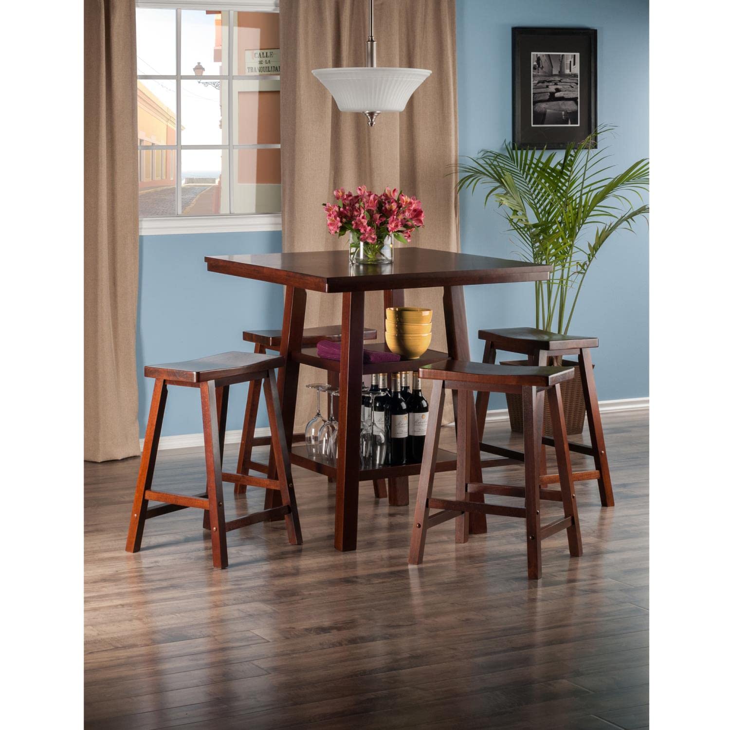 Winsome Wood Orlando 5-Pc Set High Table, 2 Shelves w/ 4 Saddle Seat Stools - Image 4