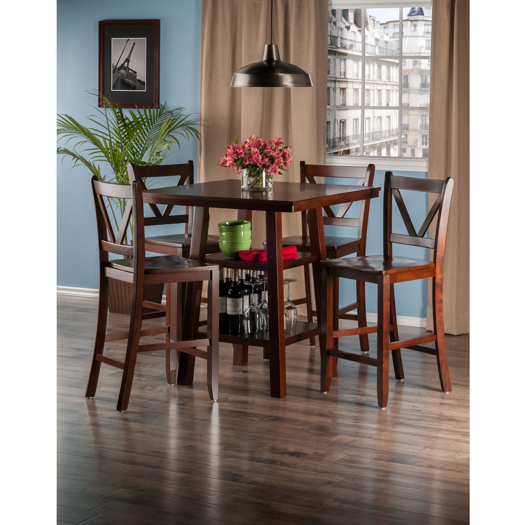 Winsome Wood Orlando 5-Pc Set High Table, 2 Shelves w/ 4 V-Back Counter Stools - Image 7