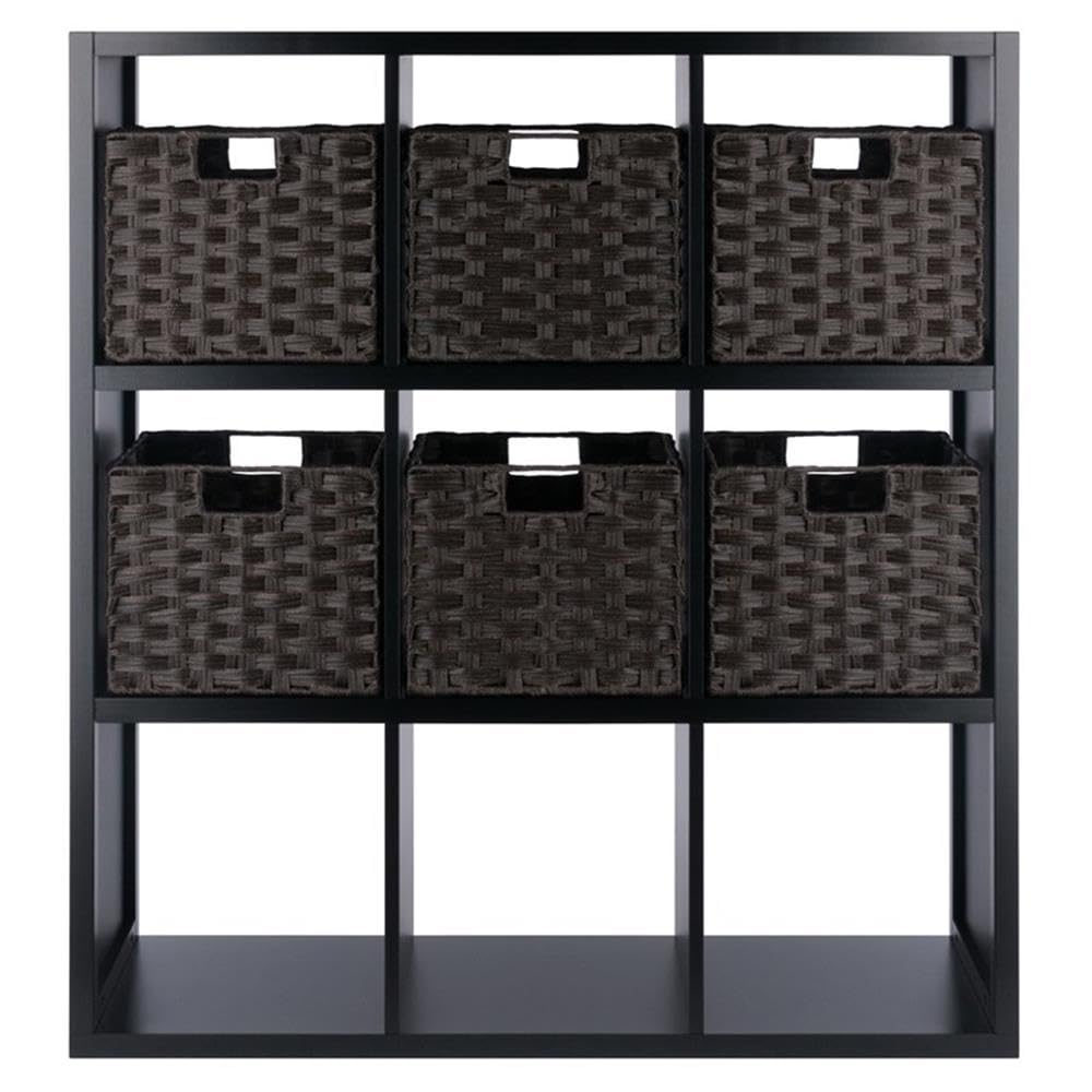 Winsome Wood Timothy 7-Pc 3x3 Storage Shelf with 6 Foldable Woven Baskets - Black and Chocolate - Image 5