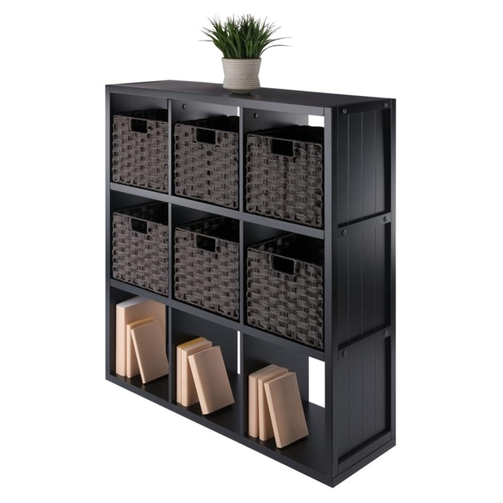 Winsome Wood Timothy 7-Pc 3x3 Storage Shelf with 6 Foldable Woven Baskets - Black and Chocolate - Image 6