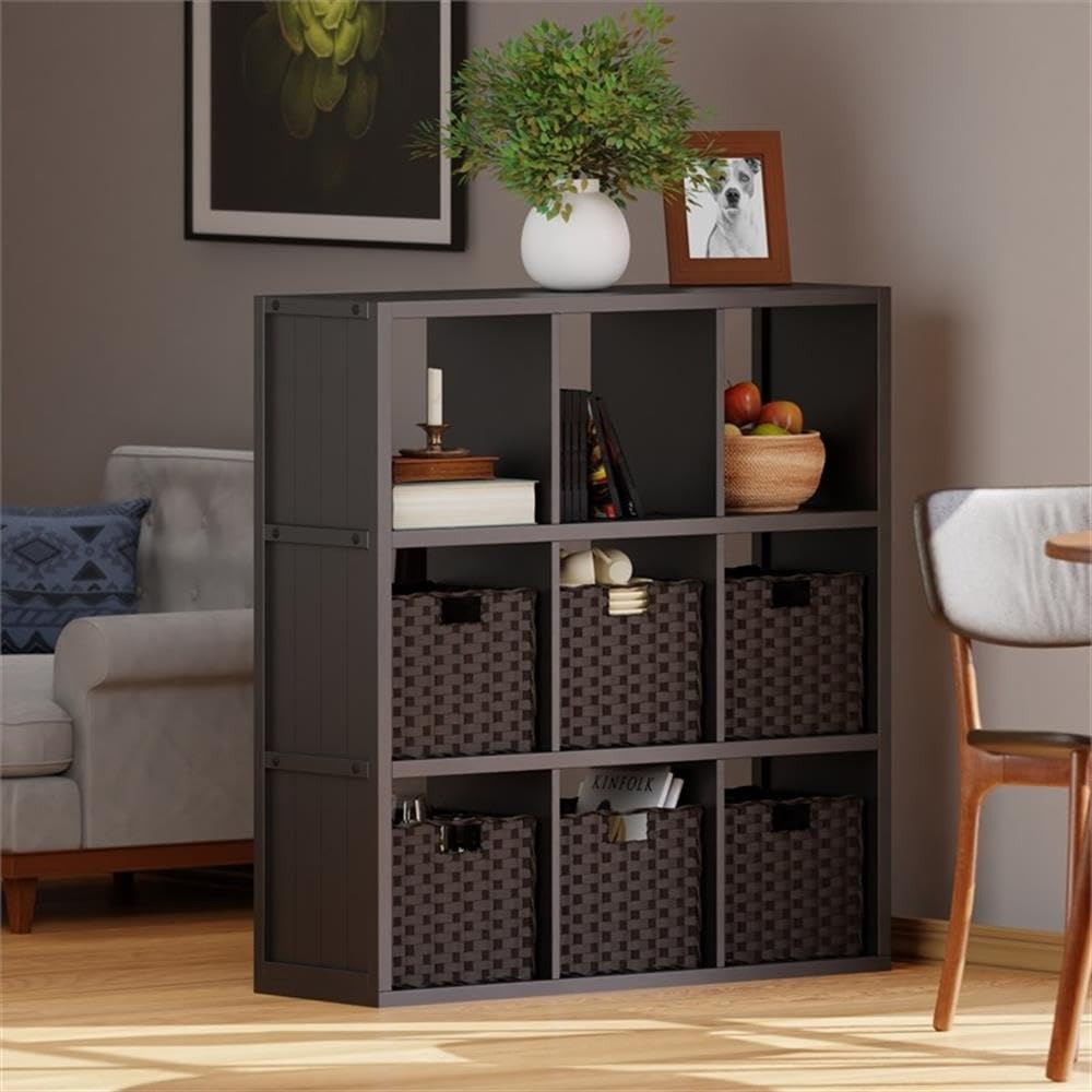 Winsome Wood Timothy 7-Pc 3x3 Storage Shelf with 6 Foldable Woven Baskets - Black and Chocolate - Image 8