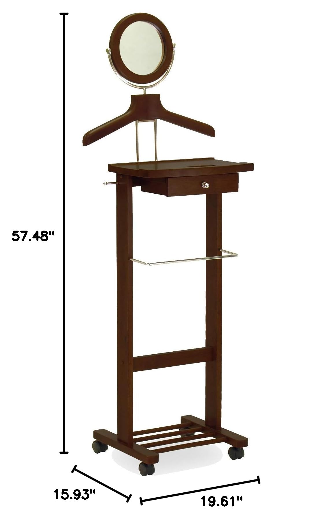 Winsome Wood Valet Stand With Mirror, Drawer, Tie Hook, Casters, Antique Walnut (94155) - Image 3